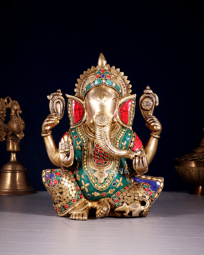 Unique Brass Lord Ganesha multicolour Statue - 9.5 Inch