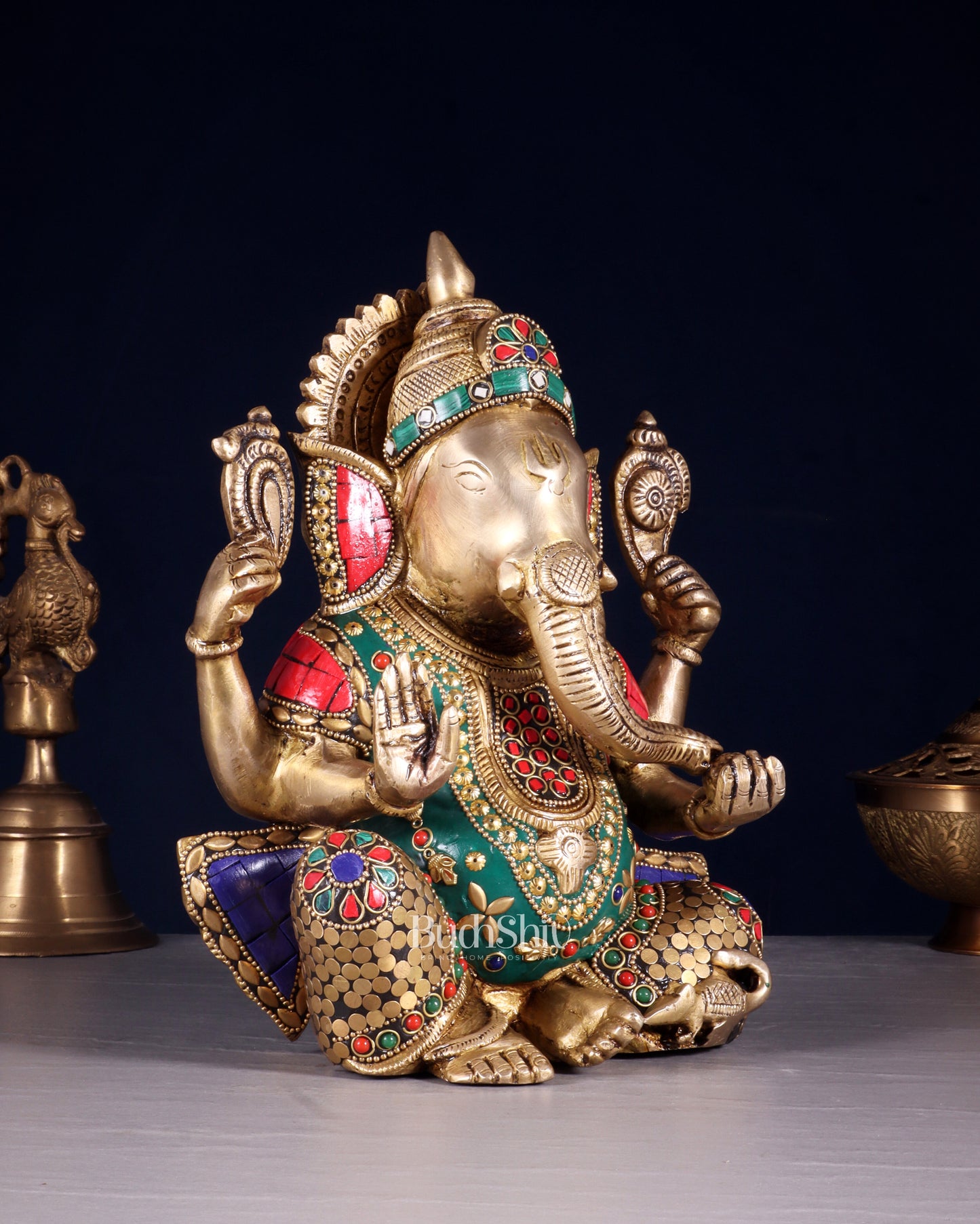 Unique Brass Lord Ganesha multicolour Statue - 9.5 Inch