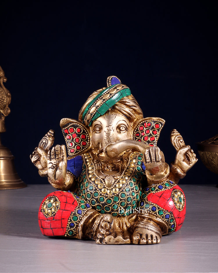Brass Ganesha statue multicolour 7.5 inch