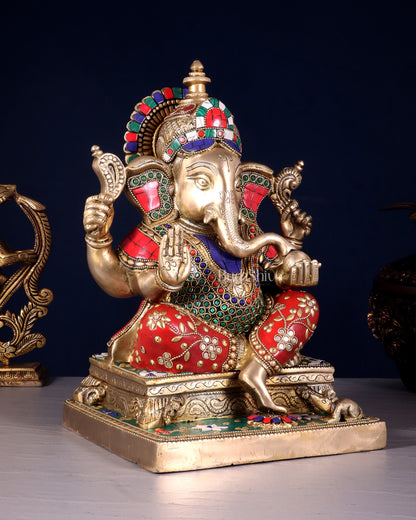 Brass Ganesha Statue with Stonework 12 inch