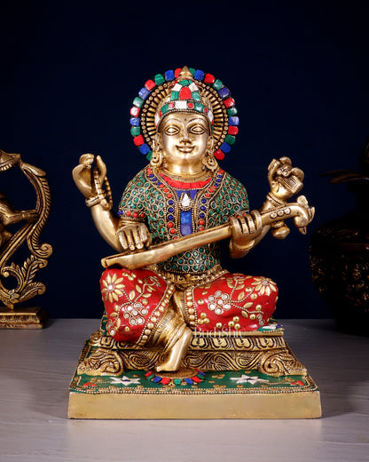 Pure Brass Goddess Saraswati Statue 12 Inch multicolour
