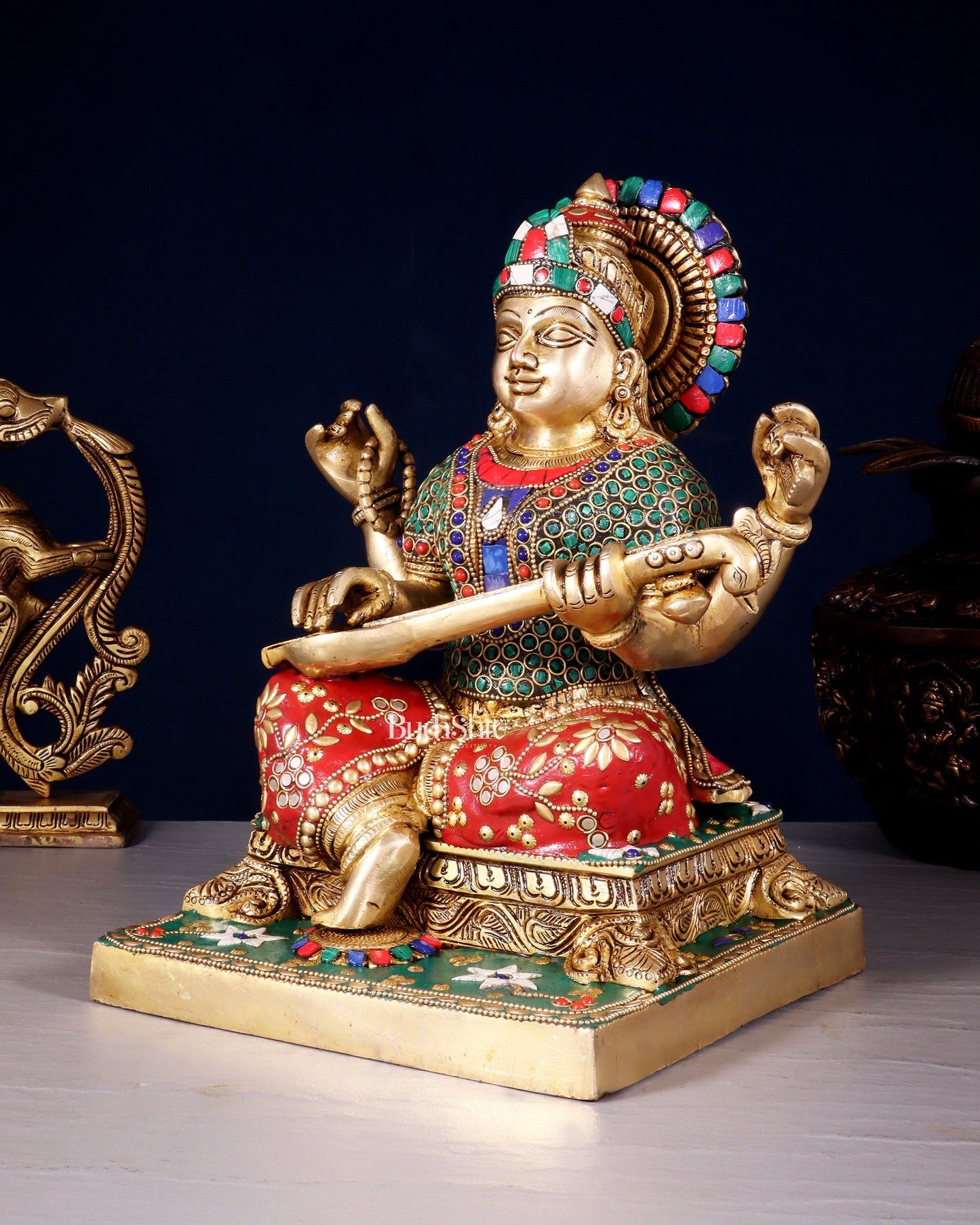 Pure Brass Goddess Saraswati Statue 12 Inch multicolour