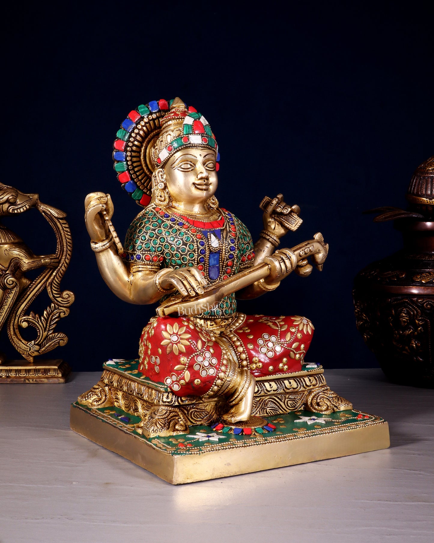 Pure Brass Goddess Saraswati Statue 12 Inch multicolour