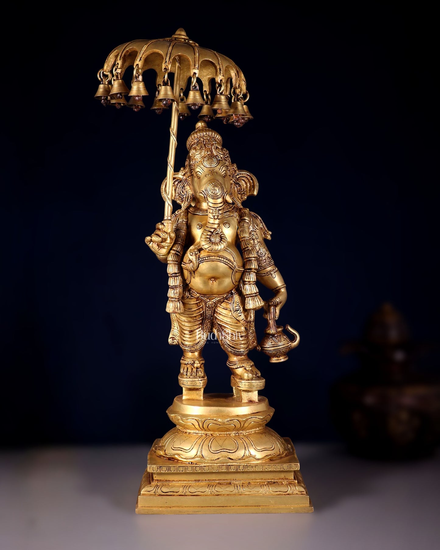 Brass Lord Ganesha Holding an Umbrella and Kamandalu Sculpture 25.5"
