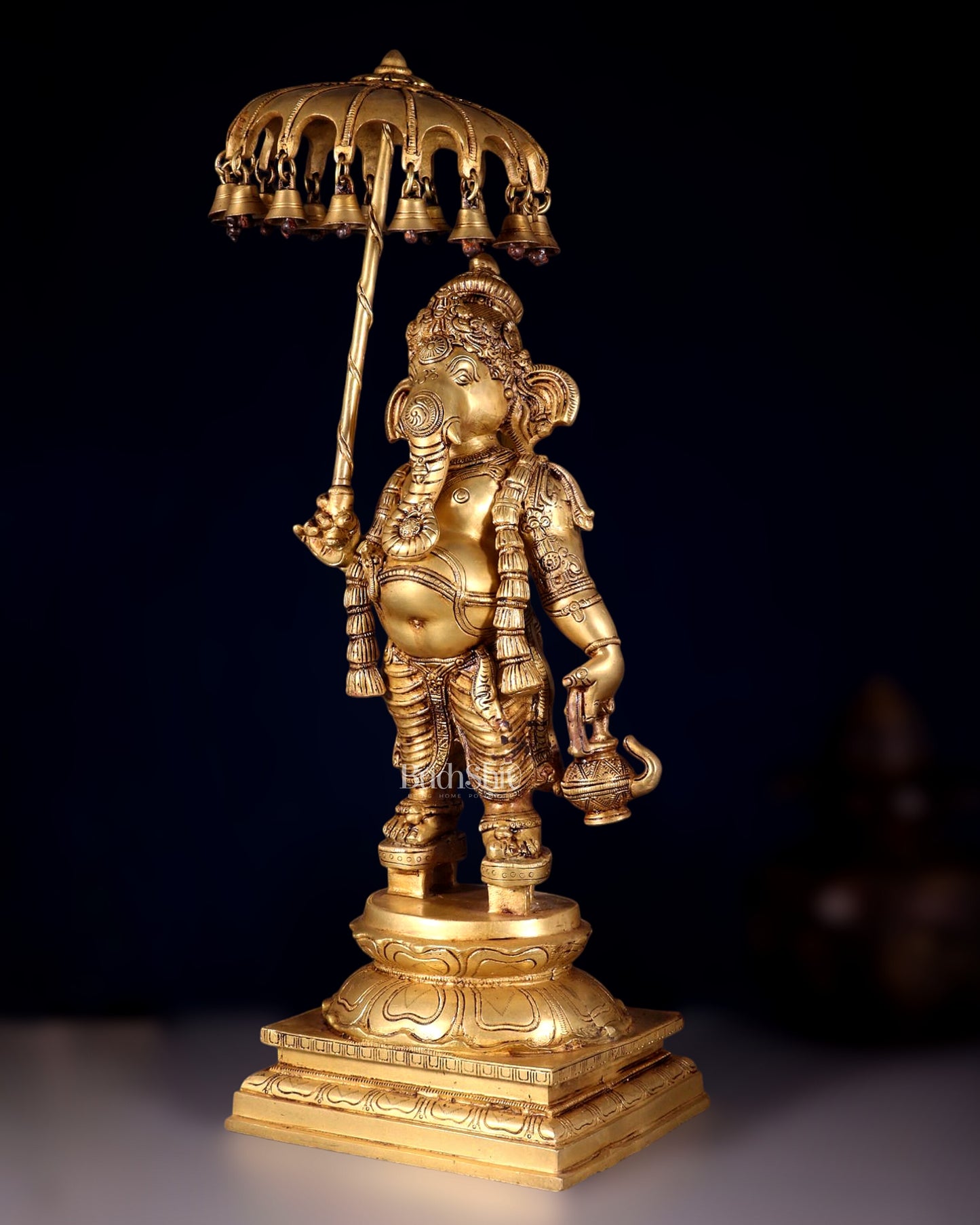 Brass Lord Ganesha Holding an Umbrella and Kamandalu Sculpture 25.5"