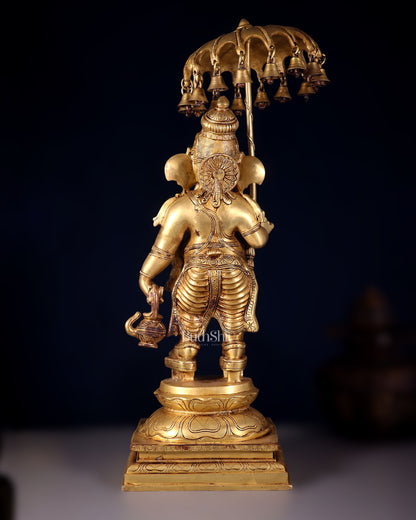 Brass Lord Ganesha Holding an Umbrella and Kamandalu Sculpture 25.5"