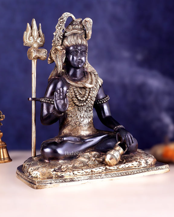 Pure Brass Lord Shiva Smiling Idol with Open Eyes 15" black gold