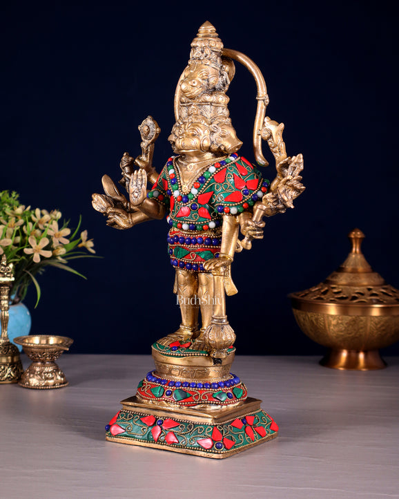 Pure Brass Standing Panchmukhi Hanuman Idol Floral stonework 12"