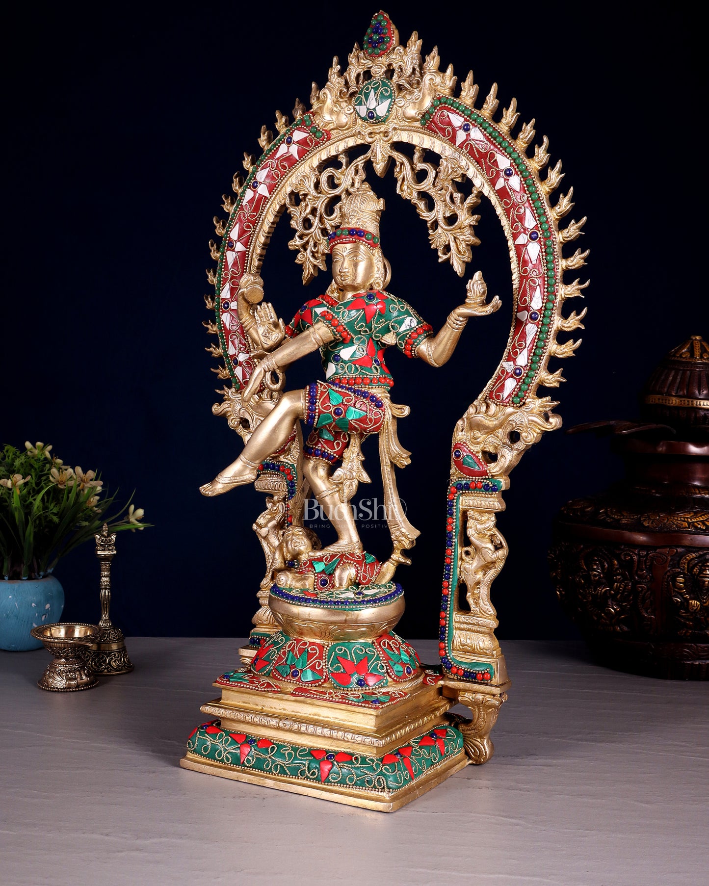 Brass Nataraja Dancing Shiva Superfine Sculpture - 18" Floral stonework