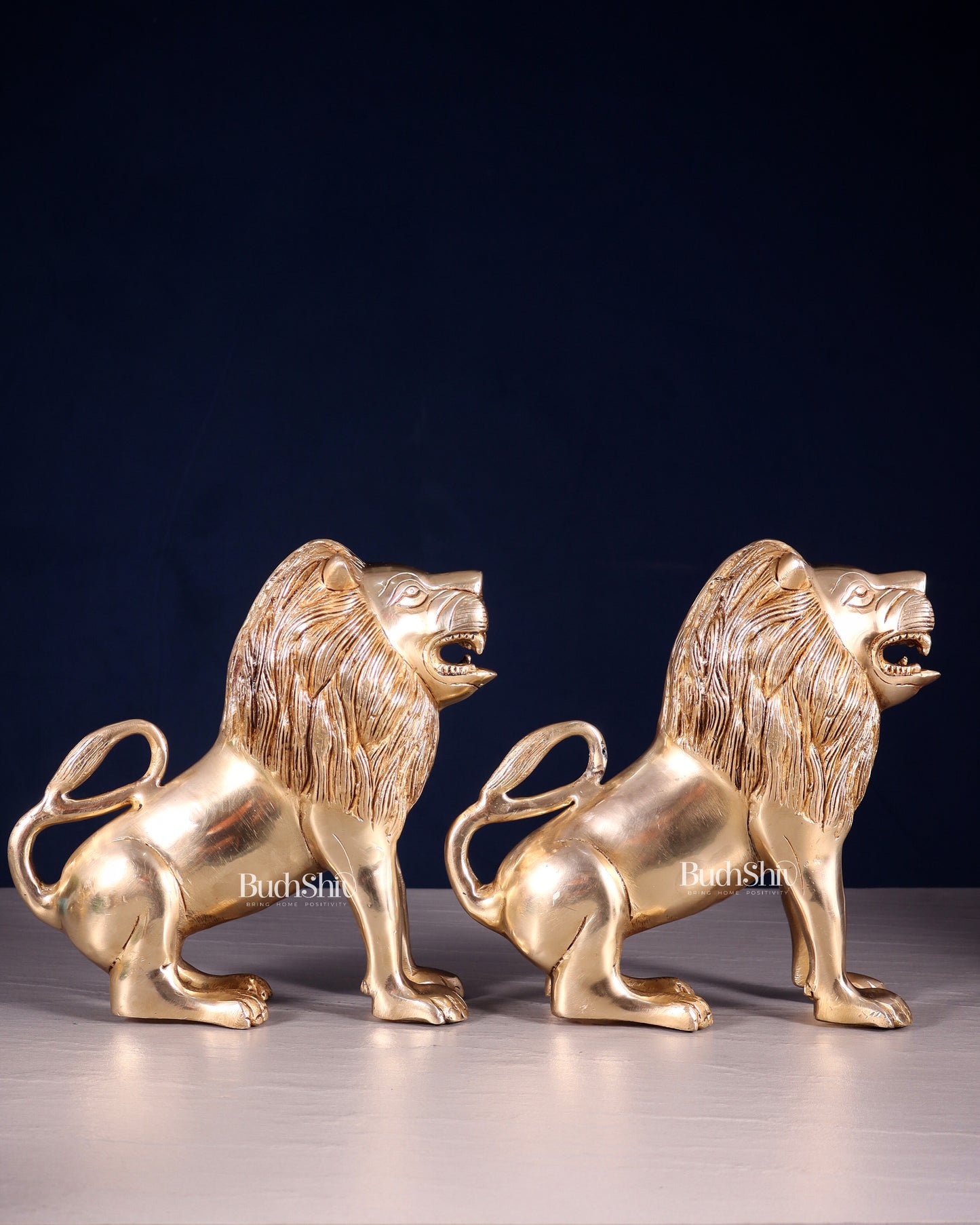 Brass Pair of Sitting Roaring Lion Showpieces – Vastu & Feng Shui Recommended