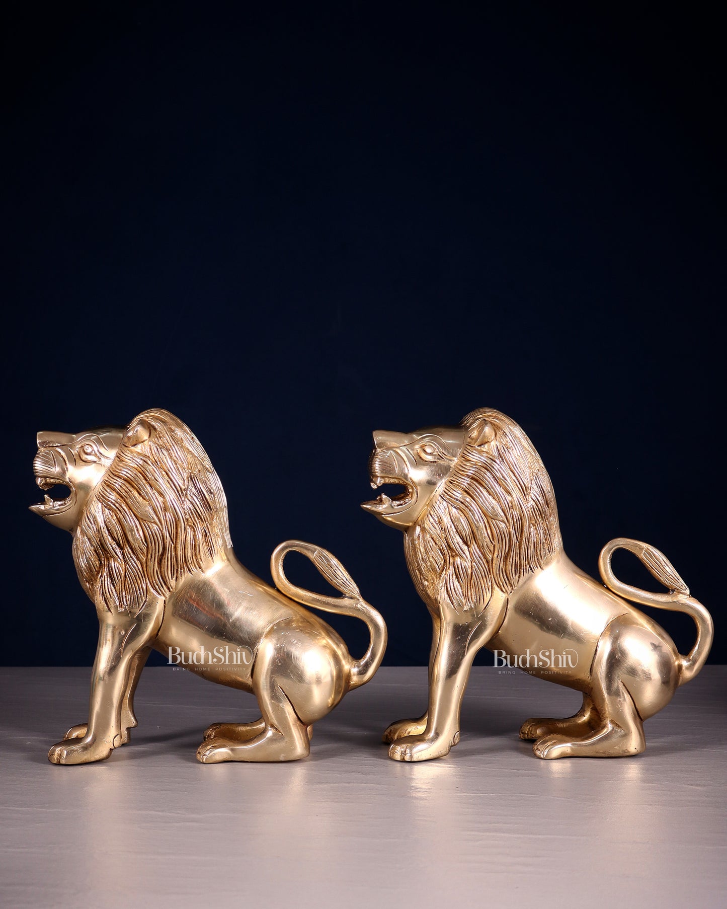 Brass Pair of Sitting Roaring Lion Showpieces – Vastu & Feng Shui Recommended