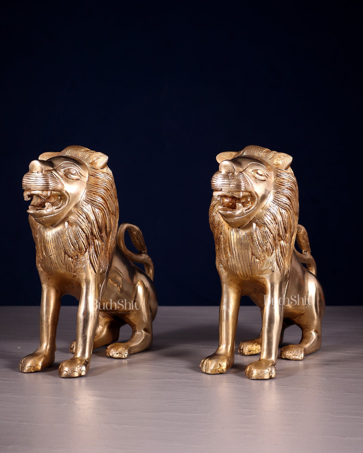 Brass Pair of Sitting Roaring Lion Showpieces – Vastu & Feng Shui Recommended