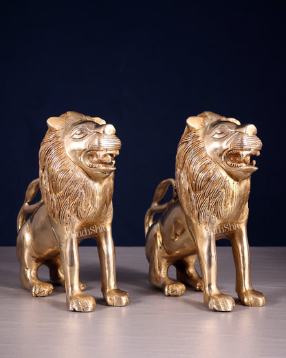 Brass Pair of Sitting Roaring Lion Showpieces – Vastu & Feng Shui Recommended