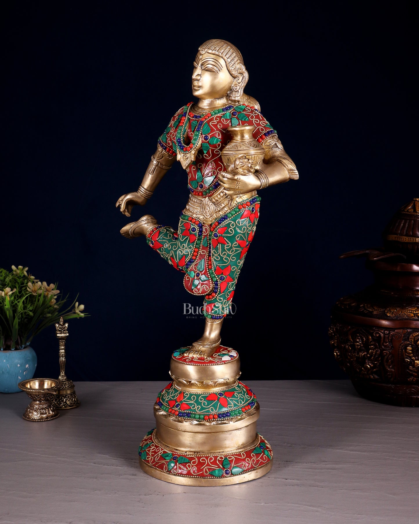 Elegant Brass Pot Lady Sculpture - 16.5" floral stonework