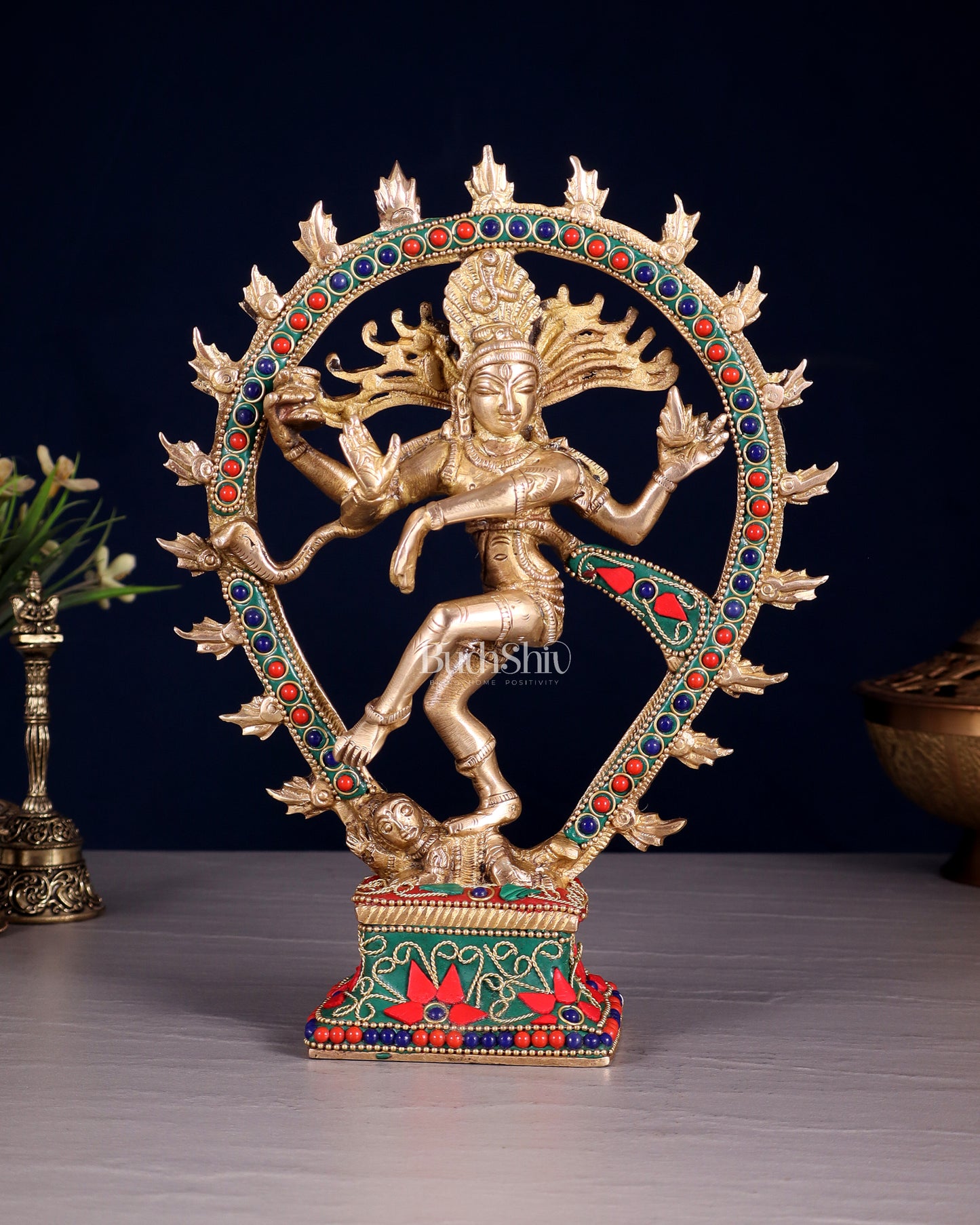 Brass Nataraja with Oval Ring floral stonework 9.3"