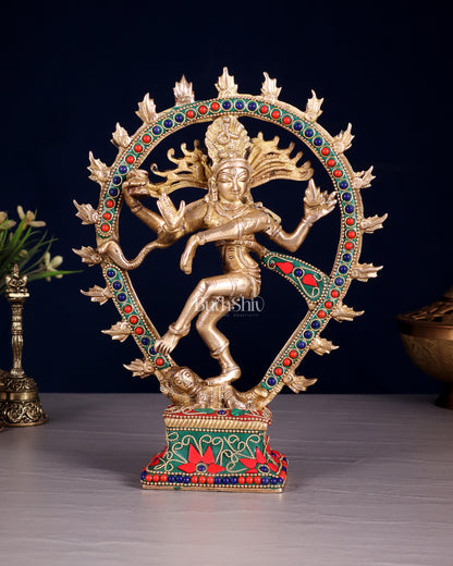 Brass Nataraja with Oval Ring floral stonework 9.3"