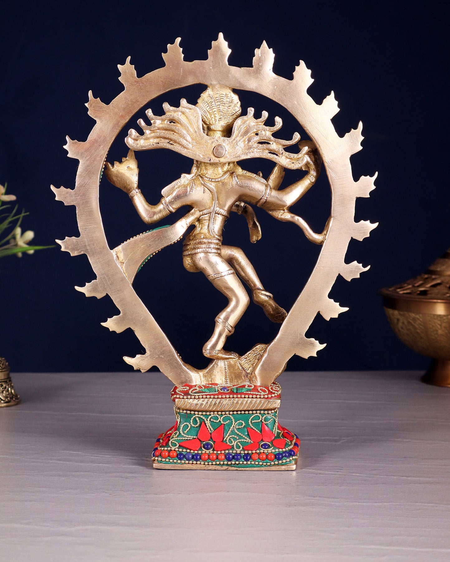 Brass Nataraja with Oval Ring floral stonework 9.3"