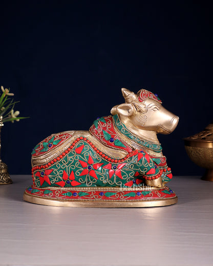 Handcrafted Brass Nandi idol Floral stonework 8"