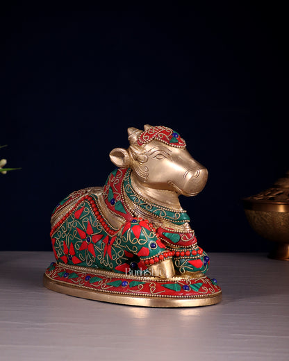 Handcrafted Brass Nandi idol Floral stonework 8"