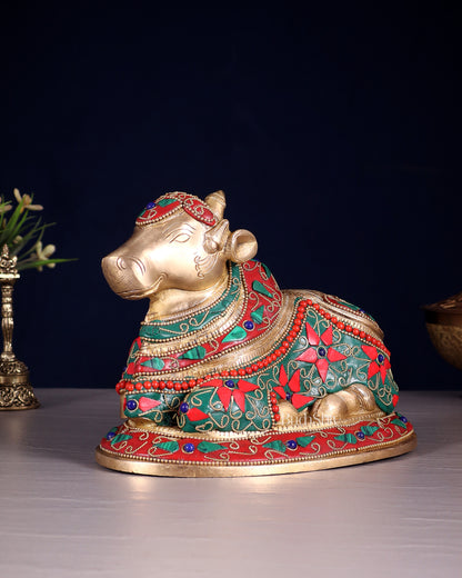 Handcrafted Brass Nandi idol Floral stonework 8"