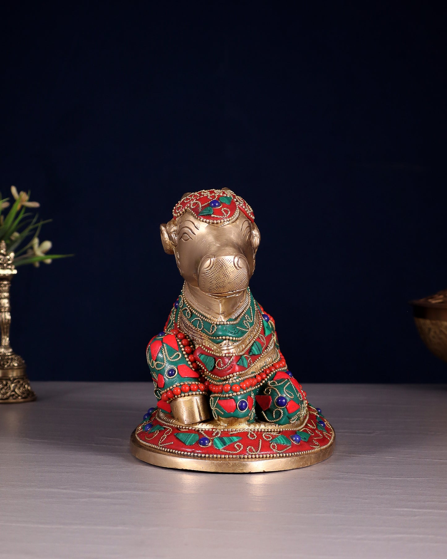 Handcrafted Brass Nandi idol Floral stonework 8"