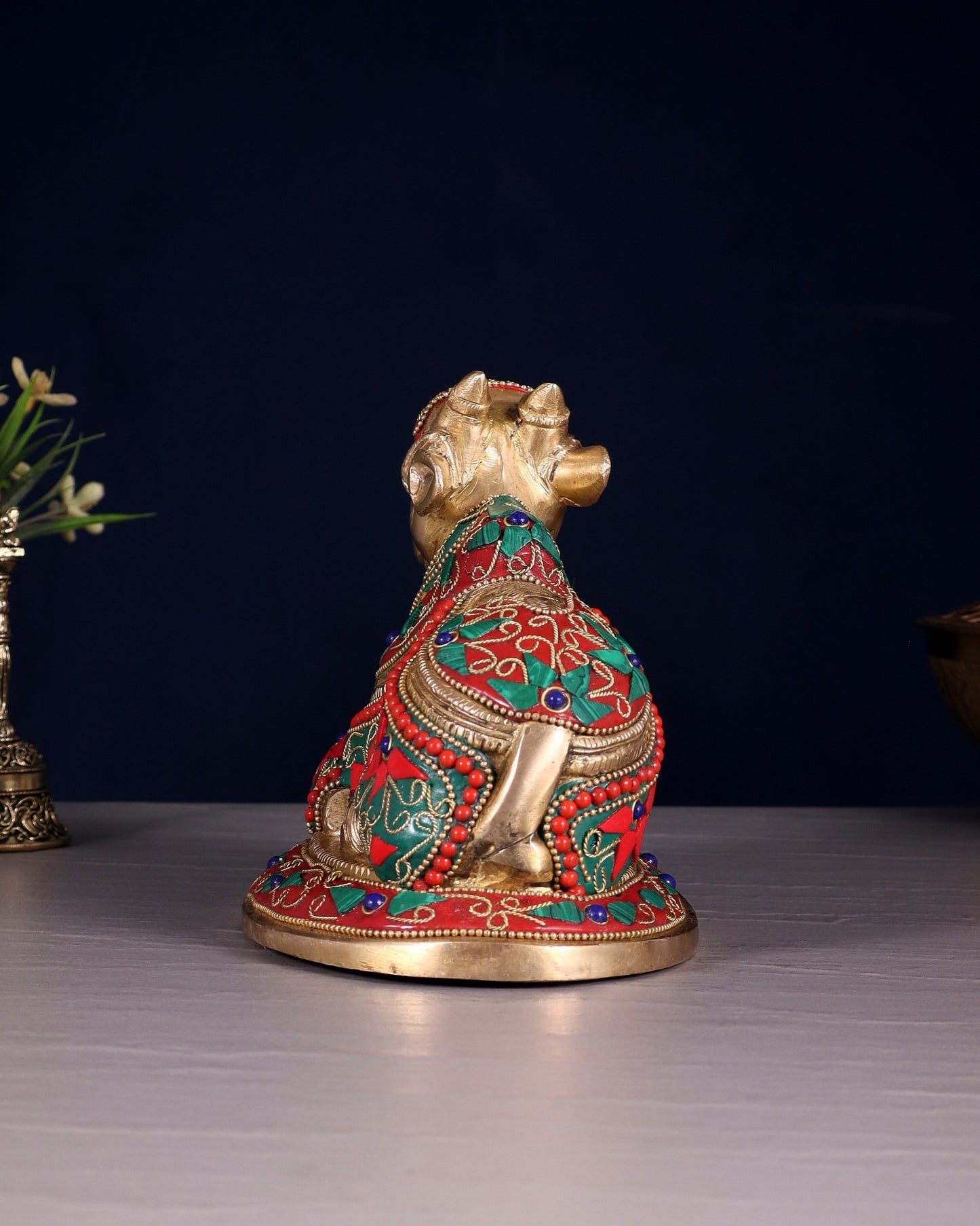 Handcrafted Brass Nandi idol Floral stonework 8"