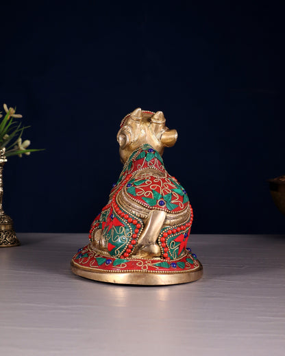 Handcrafted Brass Nandi idol Floral stonework 8"