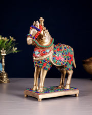 Brass Horse Standing Showpiece Statue floral stonework 7.5"