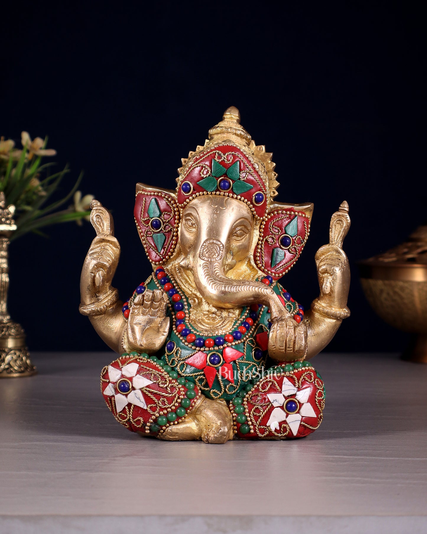 Taj Ganesha Brass Sculpture with floral stonework 6"