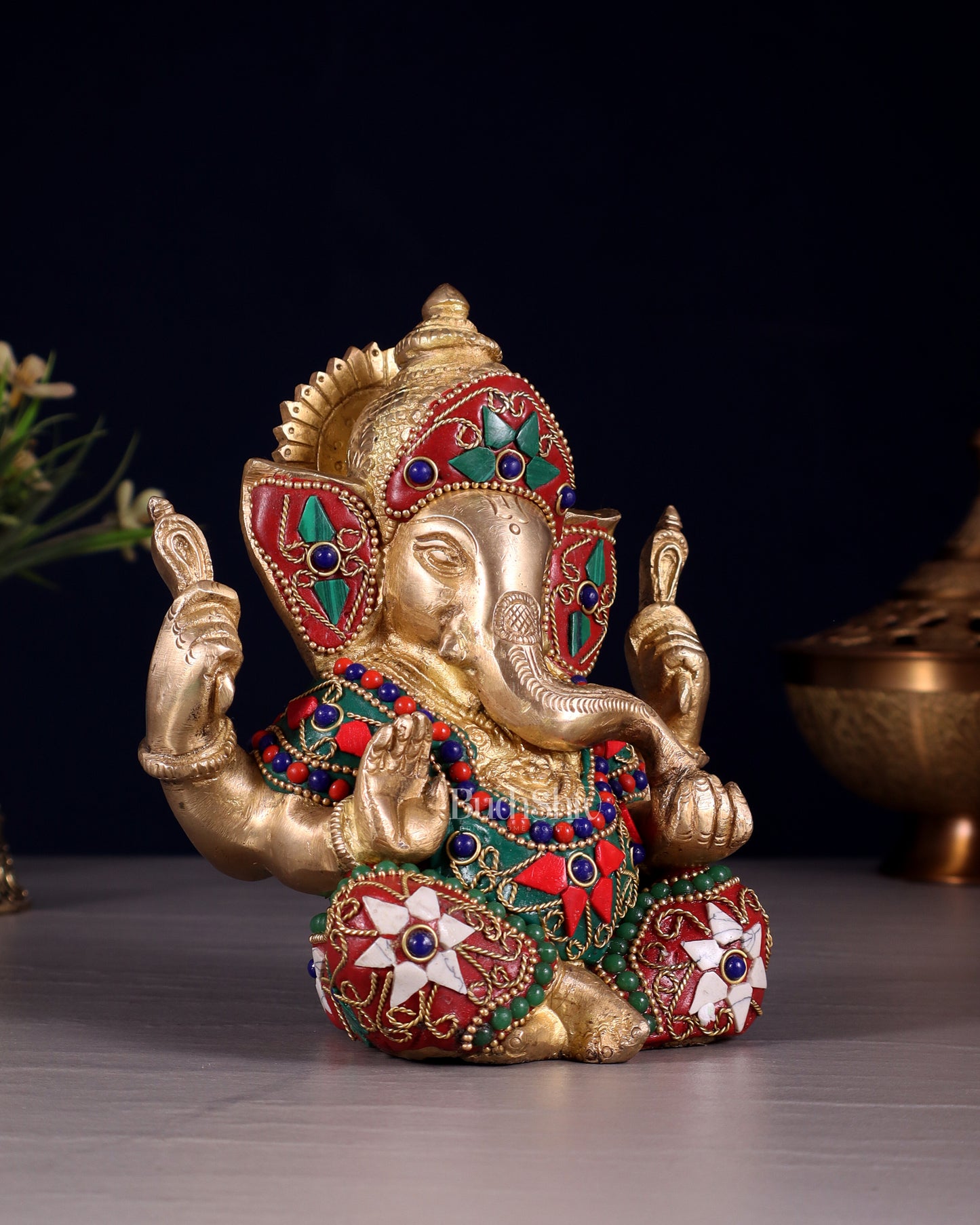 Taj Ganesha Brass Sculpture with floral stonework 6"