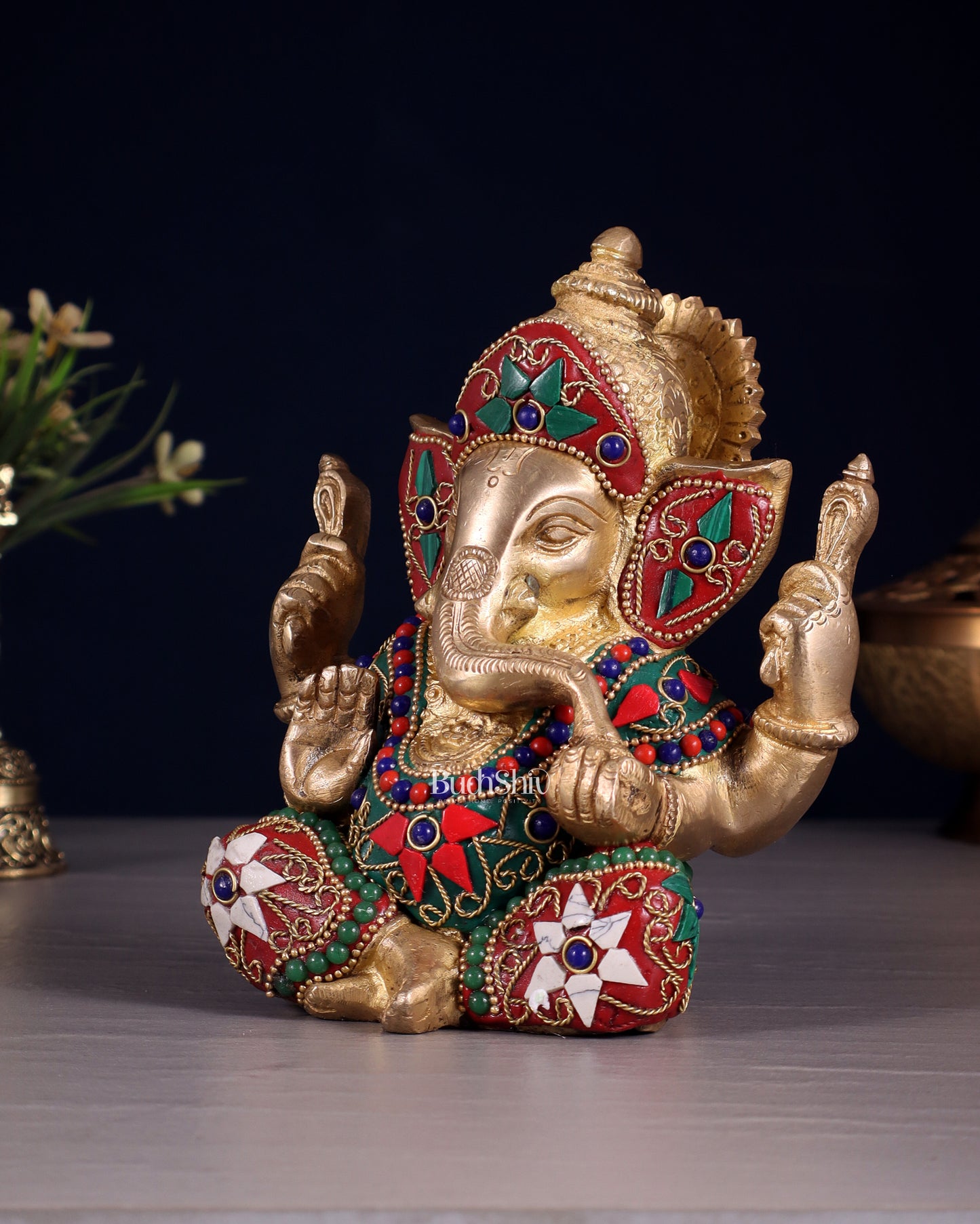 Taj Ganesha Brass Sculpture with floral stonework 6"
