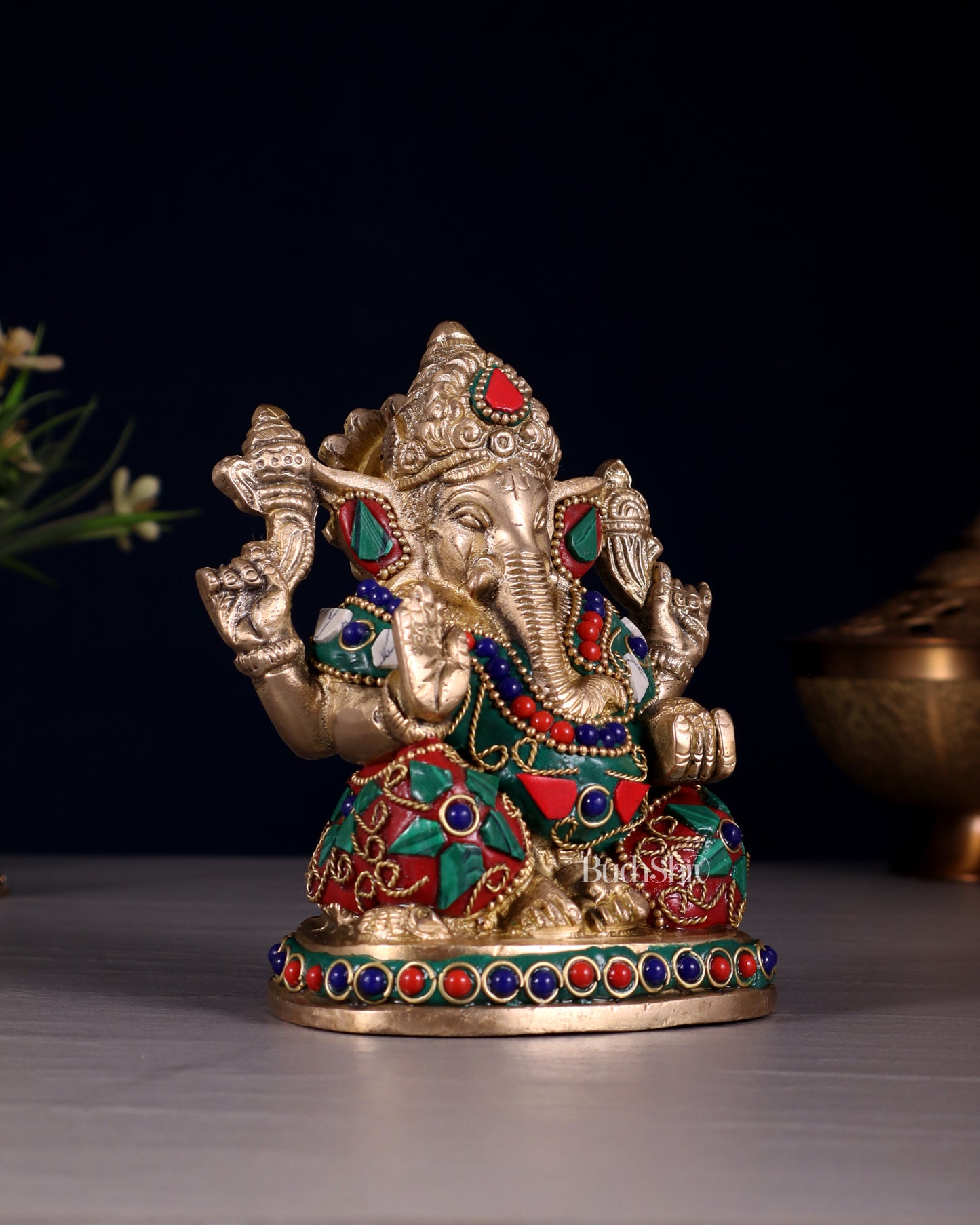 Pure Brass Ganesha Statue with Floral Stonework 5"