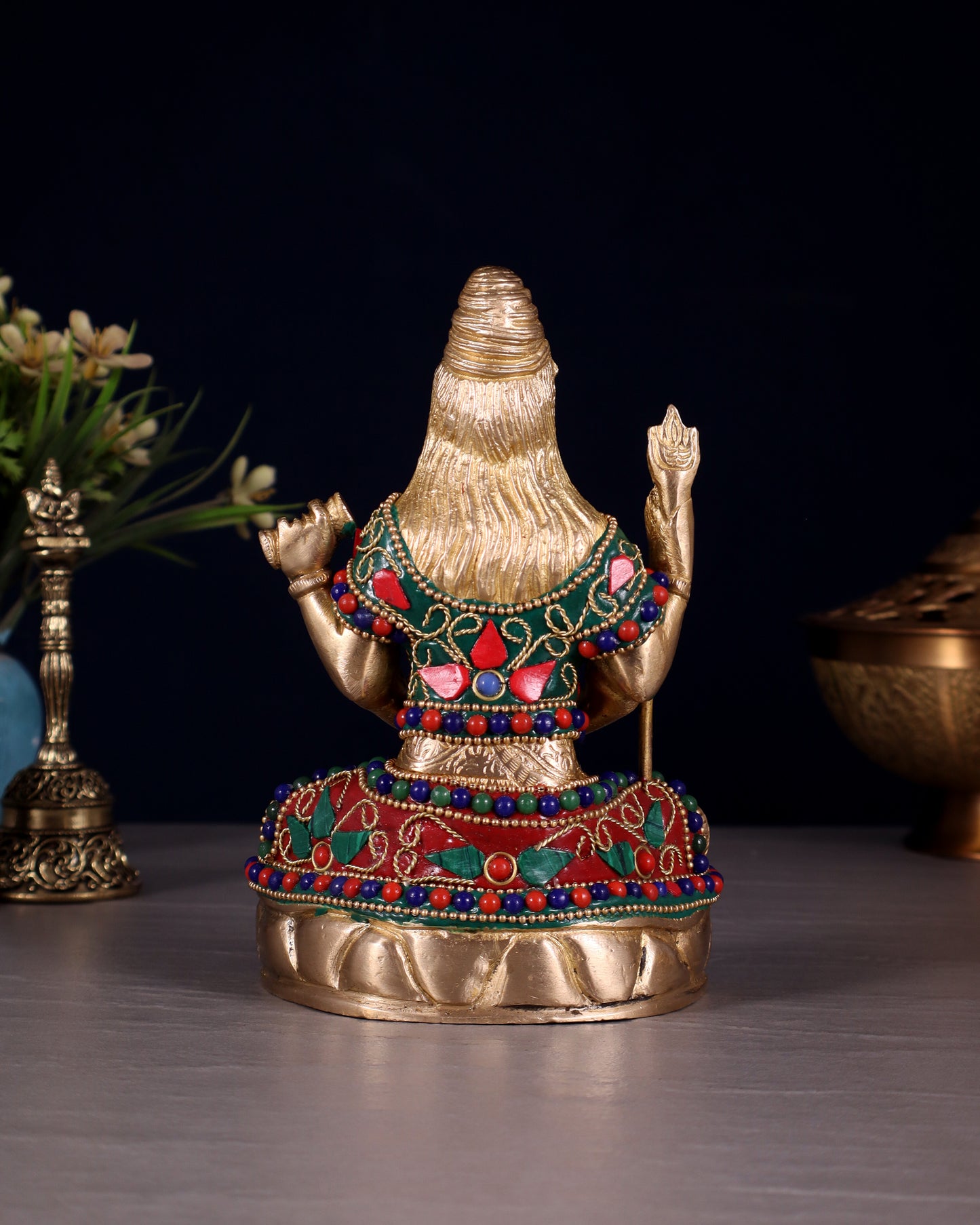 Brass Mahadev in Meditation – Lord Shiva Statue with Floral Stonework 6"