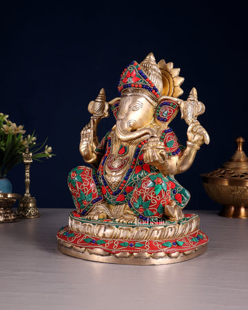 Brass Ganesha Idol with Floral Stonework 10"