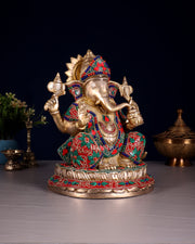 Brass Ganesha Idol with Floral Stonework 10"