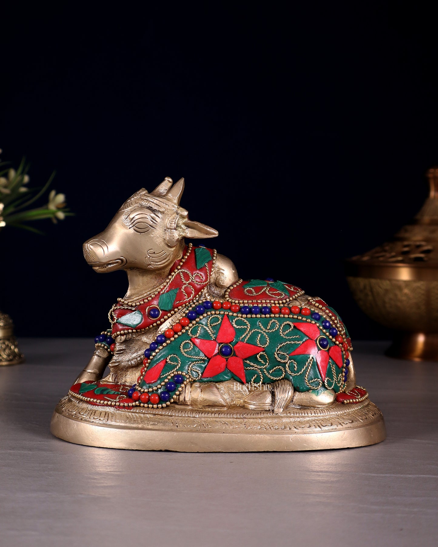 Brass Superfine Nandi Bull Idol | 5.5" floral stonework
