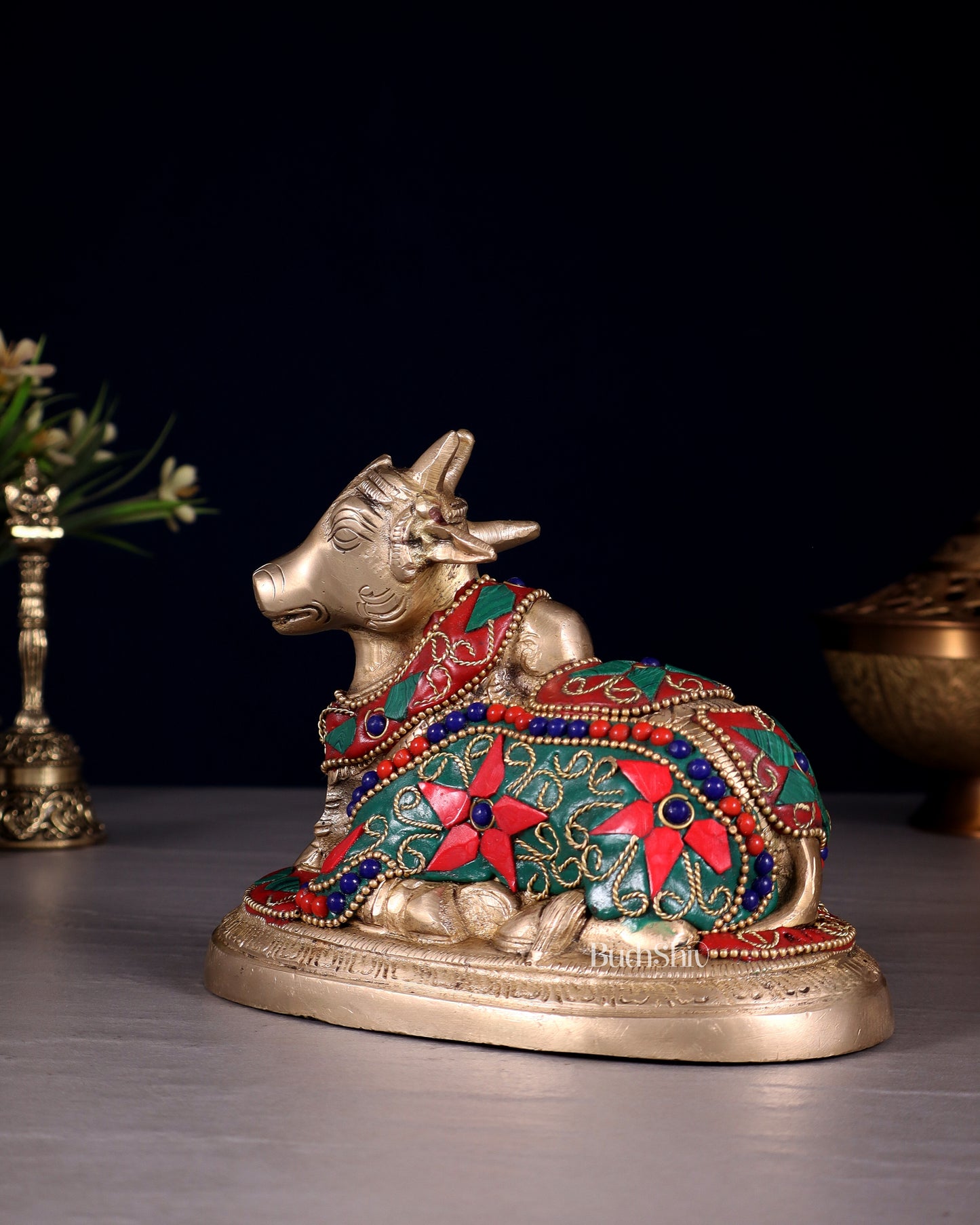 Brass Superfine Nandi Bull Idol | 5.5" floral stonework