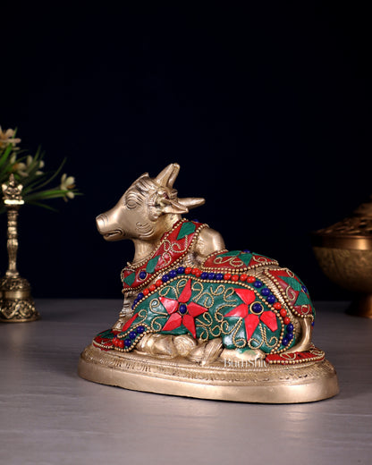 Brass Superfine Nandi Bull Idol | 5.5" floral stonework