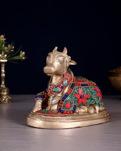 Brass Superfine Nandi Bull Idol | 5.5" floral stonework