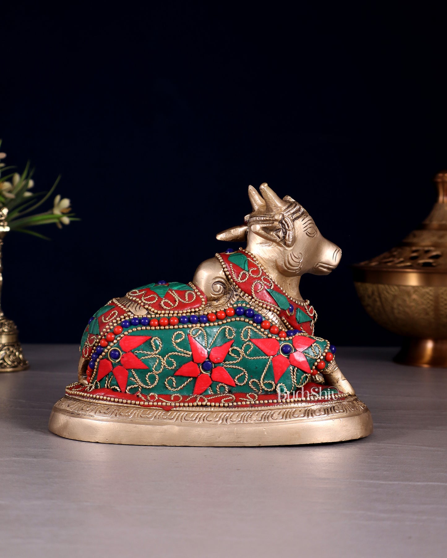 Brass Superfine Nandi Bull Idol | 5.5" floral stonework