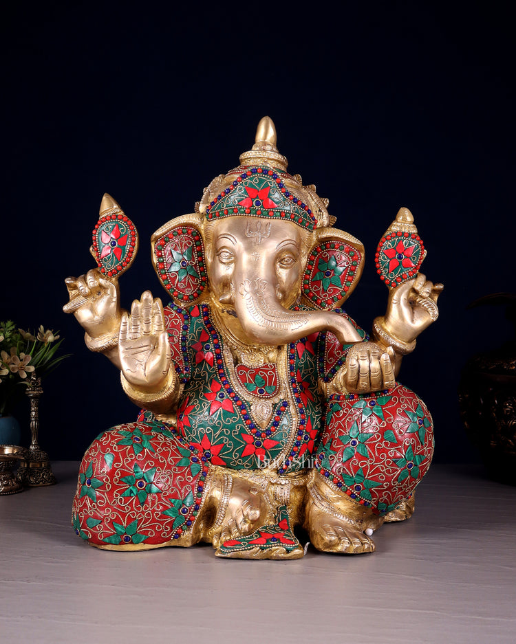 Brass ganesha Chubby Idol floral stonework 13 inch