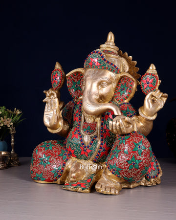 Brass ganesha Chubby Idol floral stonework 13 inch