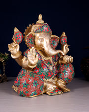 Brass ganesha Chubby Idol floral stonework 13 inch