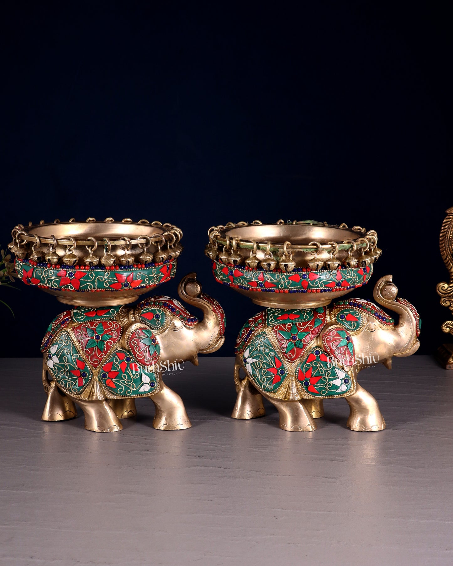 Elephant brass urli pair with floral stonework 7"