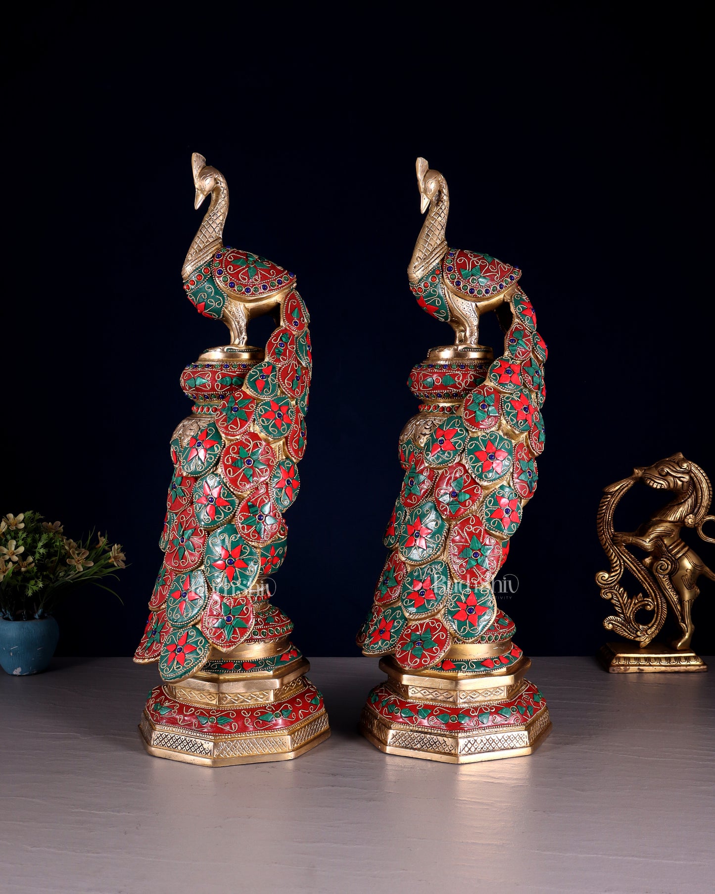 Large brass Peacock Showpiece floral stonework - 20 Inch pair