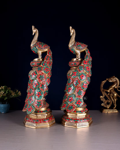 Large brass Peacock Showpiece floral stonework - 20 Inch pair