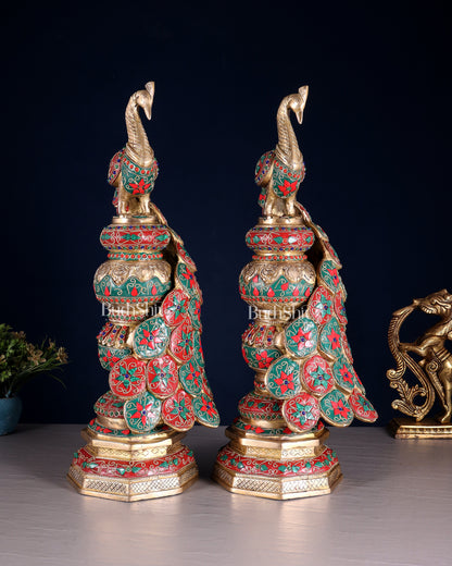 Large brass Peacock Showpiece floral stonework - 20 Inch pair
