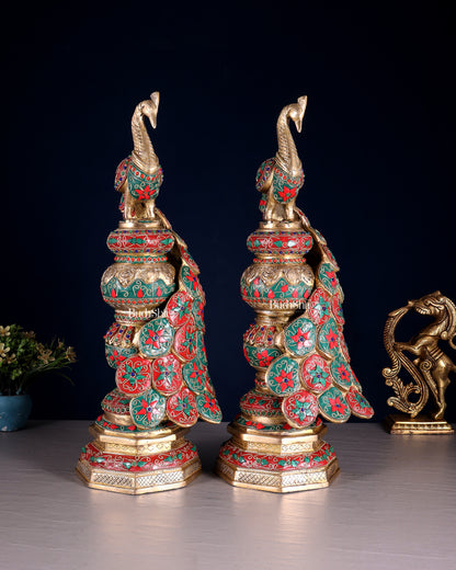 Large brass Peacock Showpiece floral stonework - 20 Inch pair