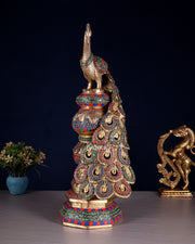 Large brass Peacock Showpiece with ring stonework - 20 Inch