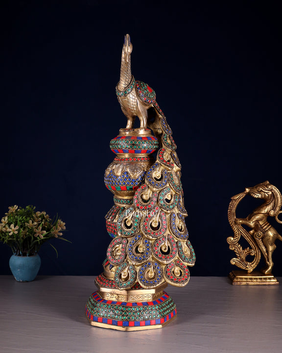 Large brass Peacock Showpiece with ring stonework - 20 Inch